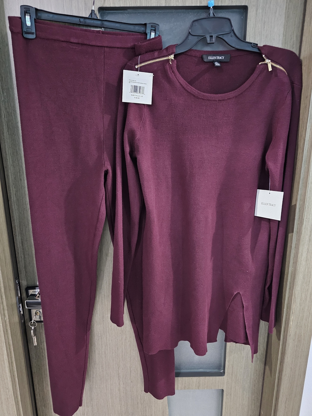 Ellen Tracy Womens 2 Piece Burgundy Matching Set Knit Tunic Sweater Pants Size L